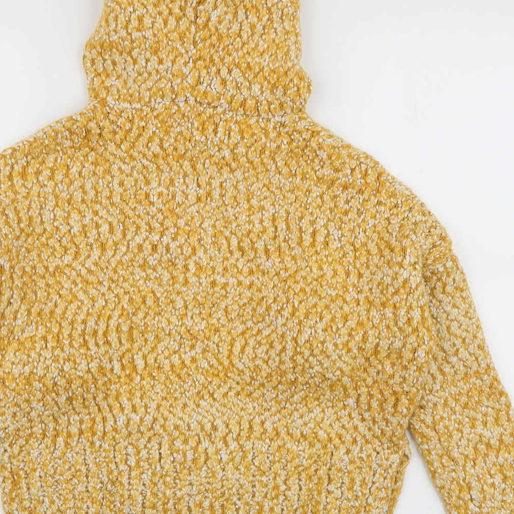 Brand and care label for Yet Again women’s yellow polyester pullover hoodie, size S, pullover