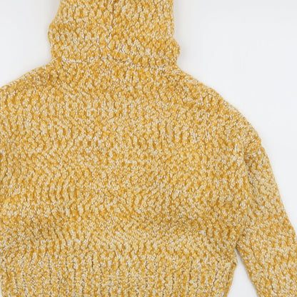 Brand and care label for Yet Again women’s yellow polyester pullover hoodie, size S, pullover
