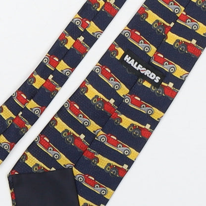 Brand and care label for Halfords men’s multicoloured striped polyester pointed tie one size - car print