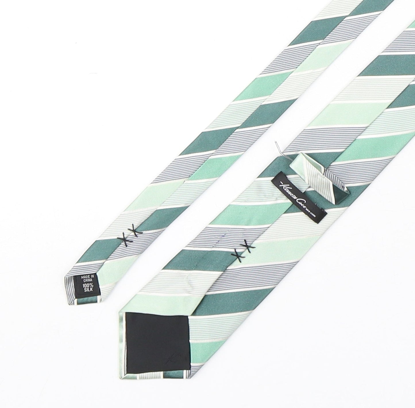 Kenneth Cole  Mens Green Striped Silk Pointed Tie One Size