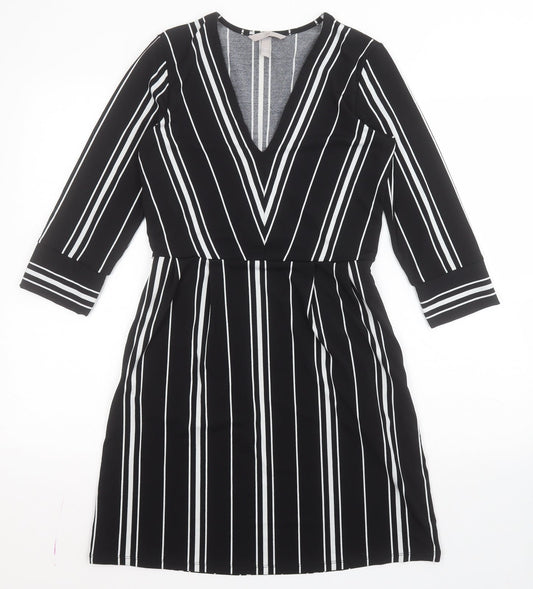 H&M Womens Black Striped Polyester A-Line  Size XS  V-Neck