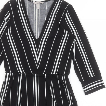 H&M Womens Black Striped Polyester A-Line  Size XS  V-Neck