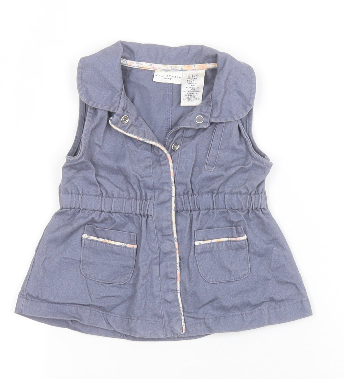 Additional front view of Max Studio girls’ blue basic jacket waistcoat, size 6-9, months snap