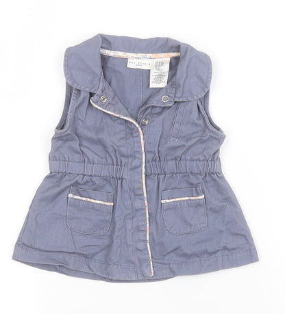 Additional front view of Max Studio girls’ blue basic jacket waistcoat, size 6-9, months snap