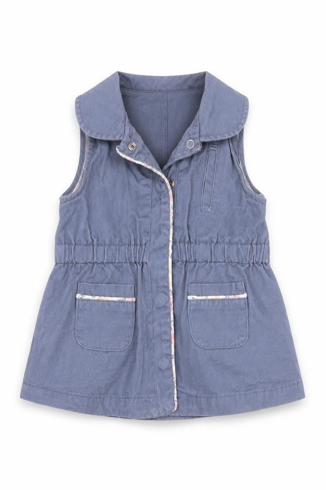 Front view of Max Studio girls’ blue basic jacket waistcoat, size 6-9, months snap