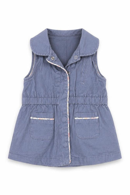 Front view of Max Studio girls’ blue basic jacket waistcoat, size 6-9, months snap