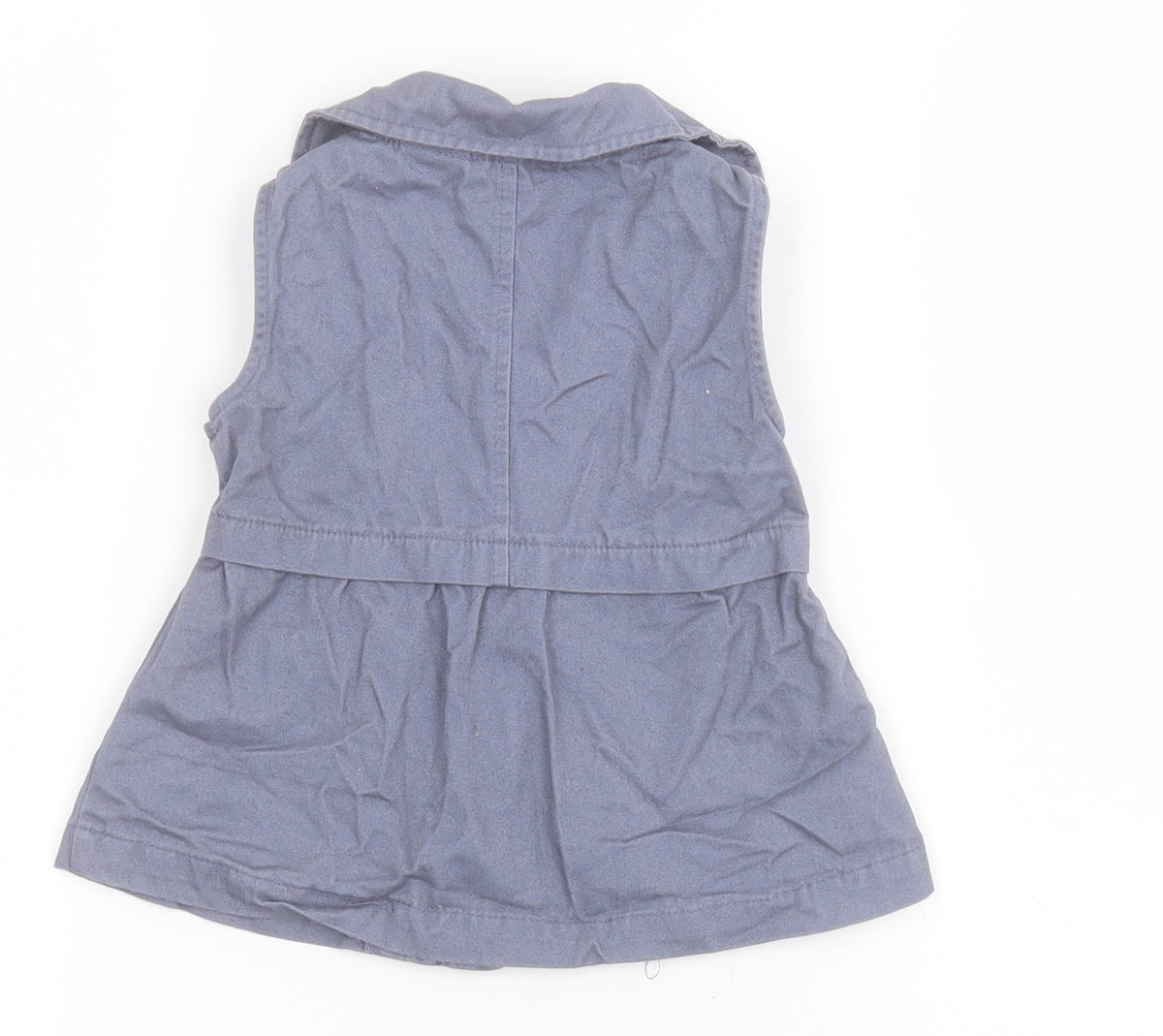 Back view of Max Studio girls’ blue basic jacket waistcoat, size 6-9, months snap