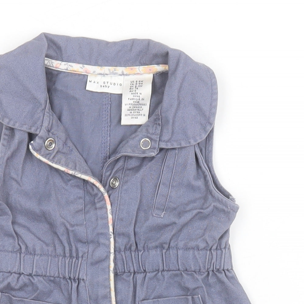 Close-up detail of Max Studio girls’ blue basic jacket waistcoat, size 6-9, months snap
