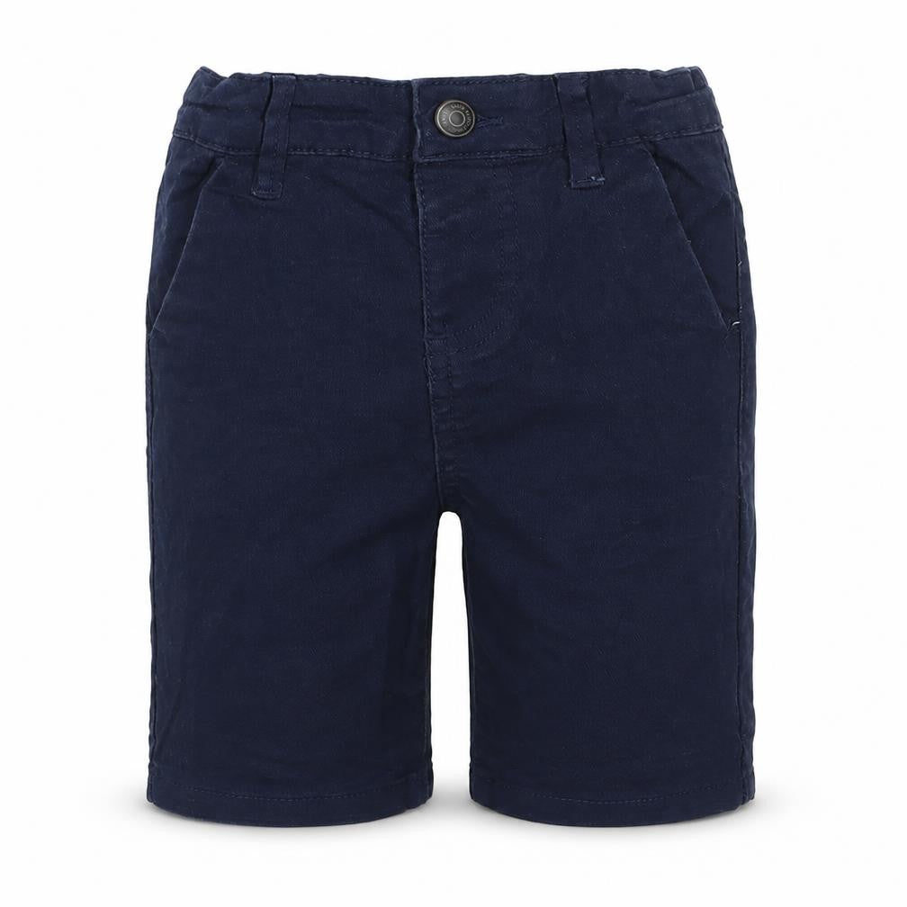 Front view of Primark boys’ blue cotton cropped trousers, size 12-18, months button