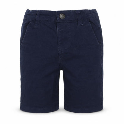 Front view of Primark boys’ blue cotton cropped trousers, size 12-18, months button