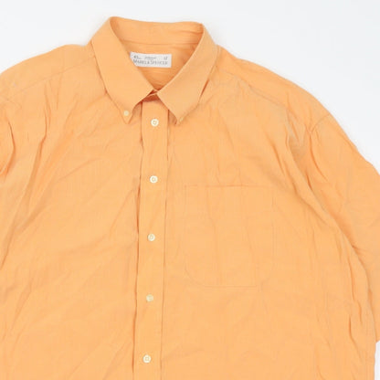 Mens UK Size 17 Marks and Spencer Orange  Button-Up Short Sleeve Casual Shirt