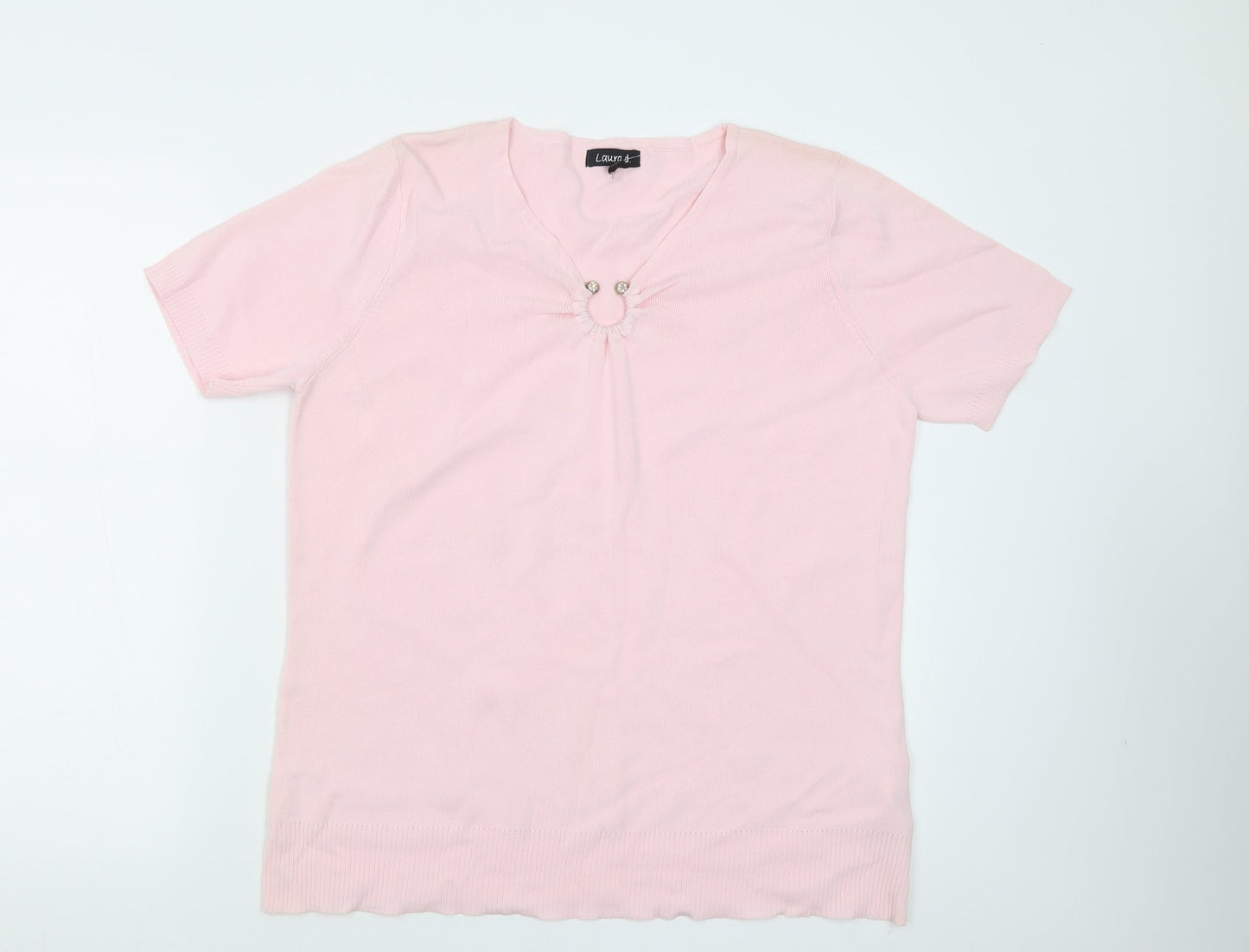 Laura D Womens Pink  Viscose Basic T-Shirt Size S V-Neck