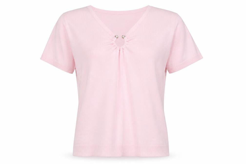 Front view of Laura D women’s pink viscose basic t-shirt, size S, v-neck