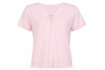 Front view of Laura D women’s pink viscose basic t-shirt, size S, v-neck