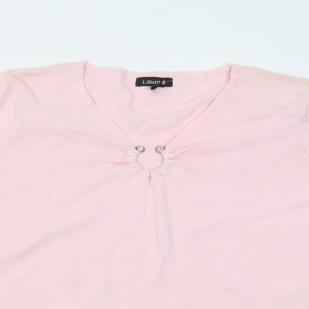 Laura D Womens Pink  Viscose Basic T-Shirt Size S V-Neck