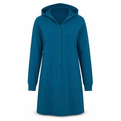 Front view of Mamaway women’s blue polyester jumper dress, size L, v-neck button
