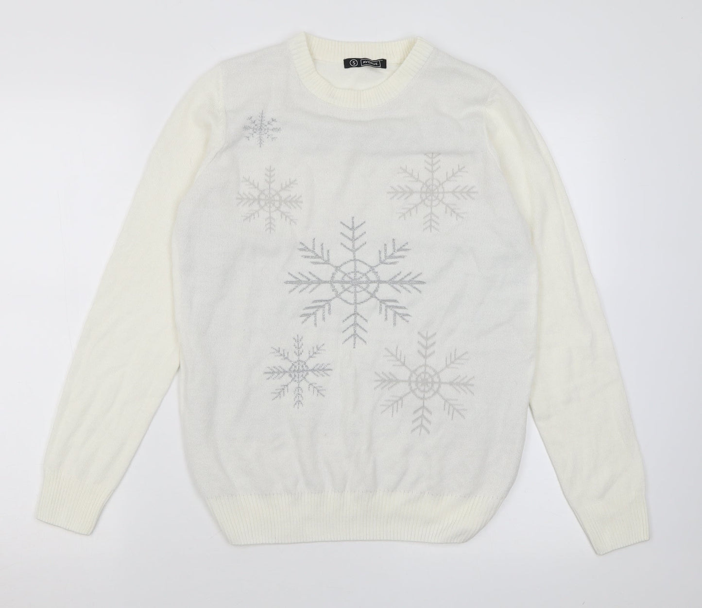 Avenue Womens Ivory Crew Neck  Acrylic Pullover Jumper Size S   - Snow Flakes