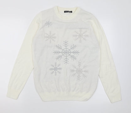 Avenue Womens Ivory Crew Neck  Acrylic Pullover Jumper Size S   - Snow Flakes
