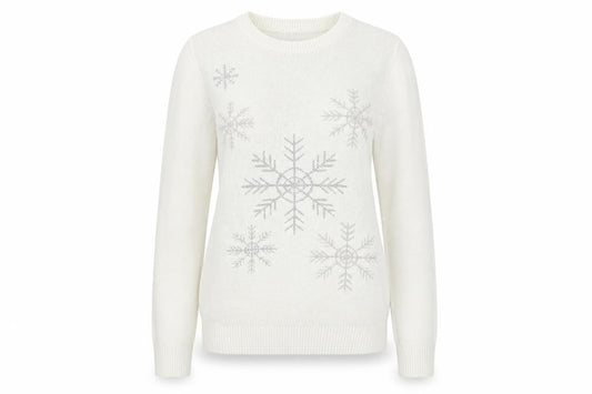 Front view of Avenue women’s ivory crew neck acrylic jumper, size S, - snow flakes