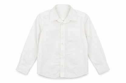 Front view of F&F boys’ white polyester basic button-up, size 5-6, years collared button