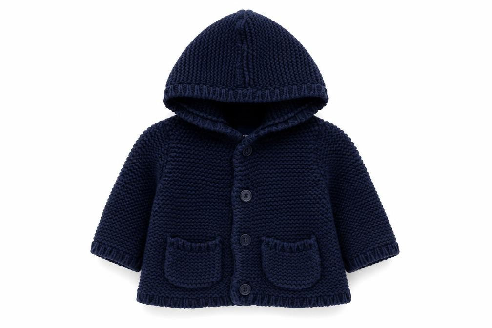 Front view of Gap boys’ blue 100% cotton cardigan jumper, size 3-6, months button