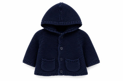 Front view of Gap boys’ blue 100% cotton cardigan jumper, size 3-6, months button