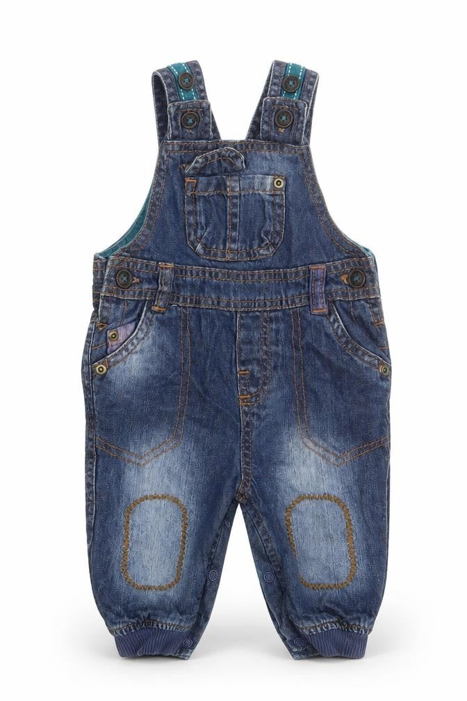 Front view of Marks & Spencer Baby Blue Cotton Pinafore/Dungaree Dress, size 0-3, Months Square Neck Button