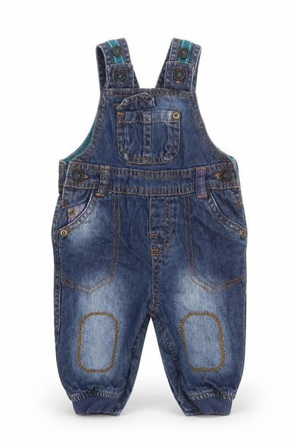 Front view of Marks & Spencer Baby Blue Cotton Pinafore/Dungaree Dress, size 0-3, Months Square Neck Button