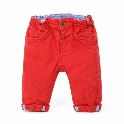 Front view of Marks & Spencer Baby Red Cotton Cropped Jeans, size 3-6, Months Button