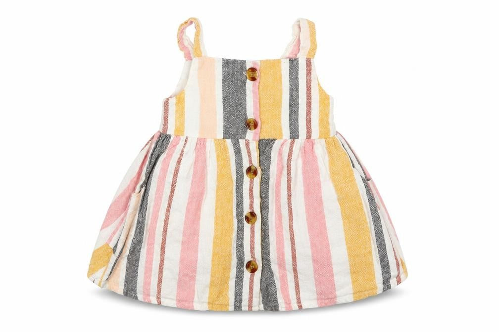 Front view of Primark girls’ multicoloured striped linen a-line, size 3-6, months off the shoulder button