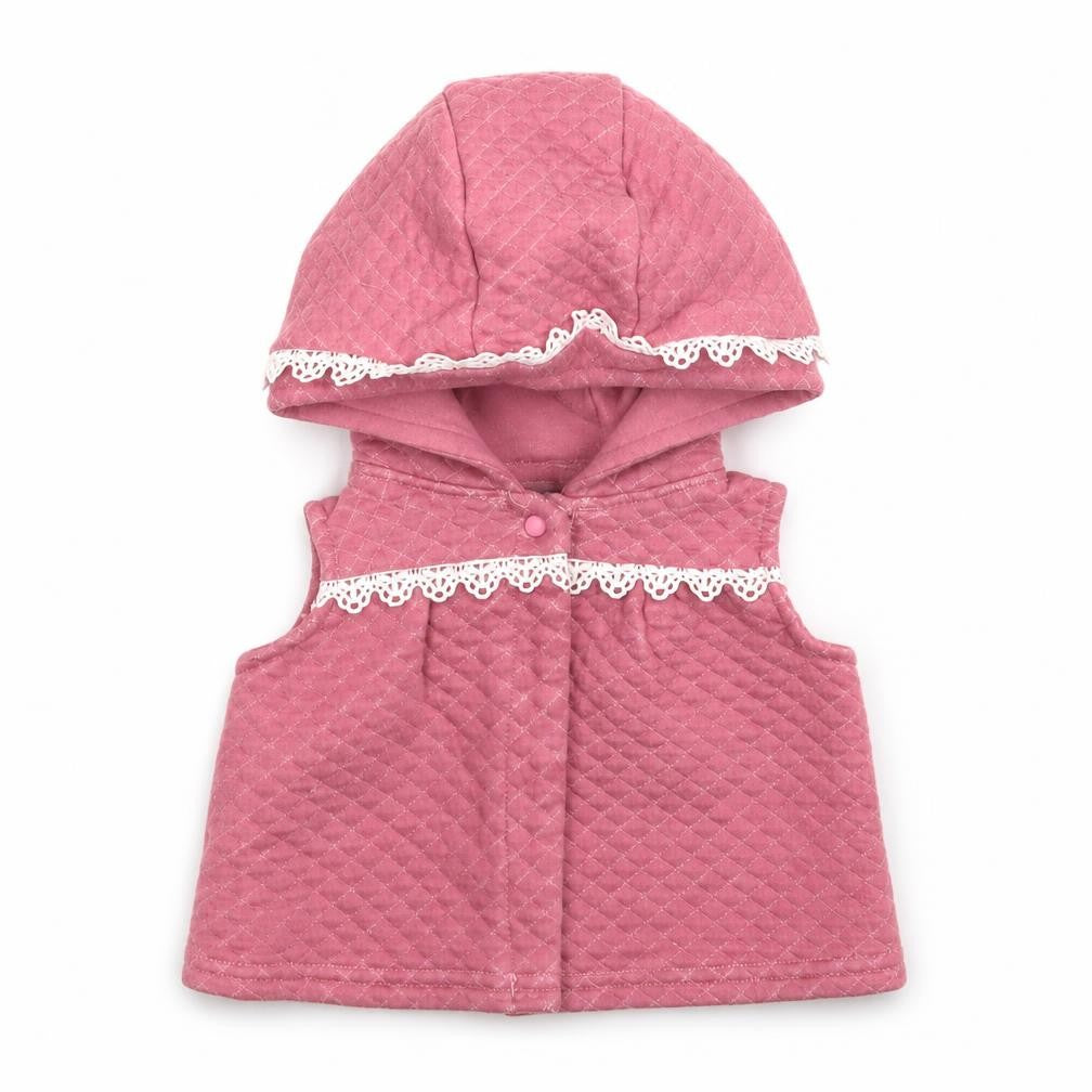 Front view of Catherine Malandrino girls’ pink 100% cotton cardigan jumper, size 6-9, months button
