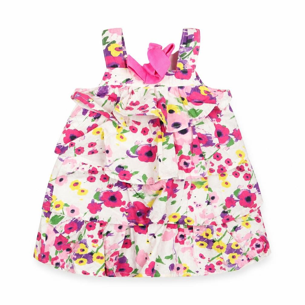 Front view of UBS2 girls’ multicoloured floral 100% cotton a-line, size 9-12, months square neck button