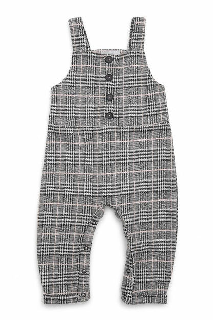 Front view of Primark girls’ grey check polyester pinafore/dungaree dress, size 9-12, months square neck button