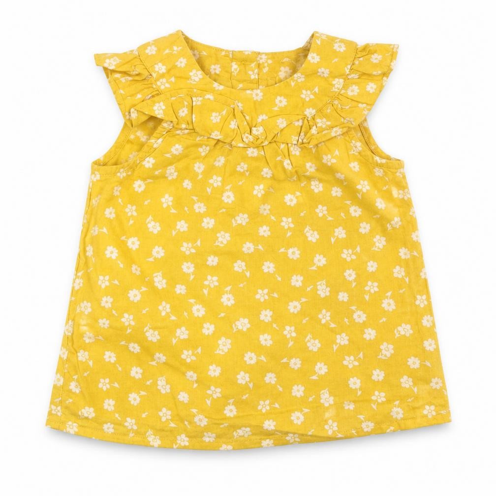 Front view of Primark girls’ yellow floral 100% cotton a-line, size 6-9, months round neck button