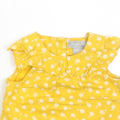 Primark Girls Yellow Floral 100% Cotton A-Line  Size 6-9 Months  Round Neck Button