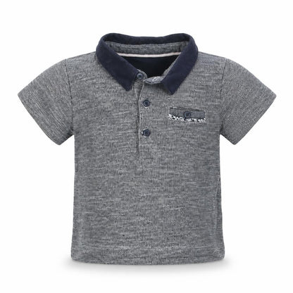 Front view of Primark boys’ grey 100% cotton pullover polo, size 12-18, months collared button