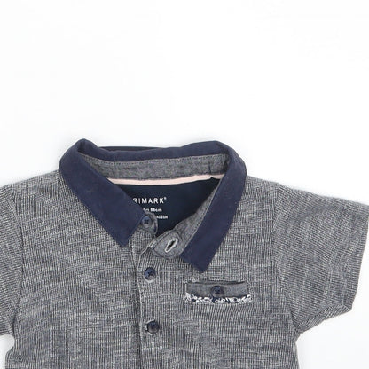 Close-up detail of Primark boys’ grey 100% cotton pullover polo, size 12-18, months collared button