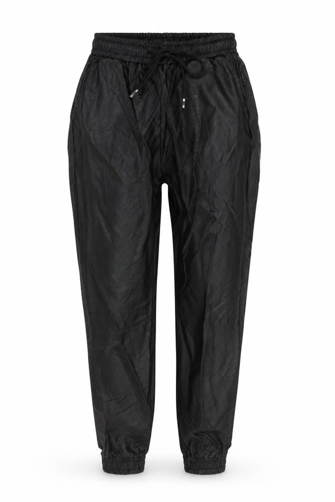 Front view of Made in Italy women’s black polyurethane trousers, size S, 26-inch leg regular tie