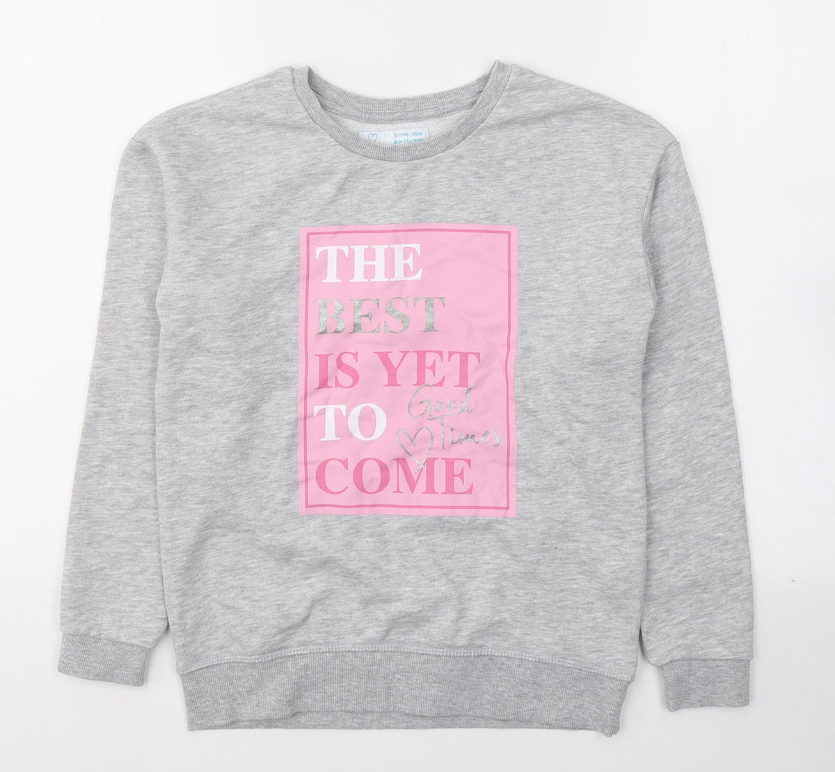 Front view of Primark girls’ grey cotton pullover sweatshirt, size 10-11, years pullover