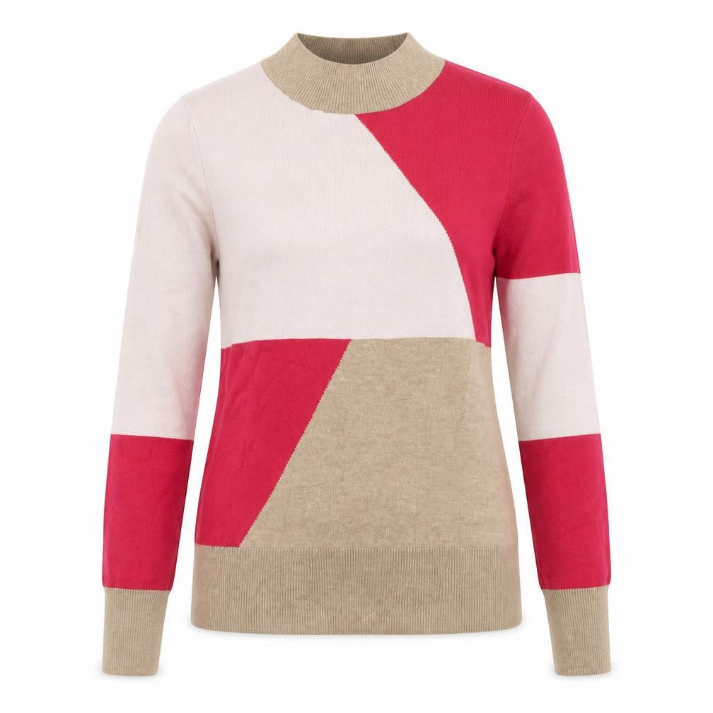Front view of Marks & Spencer women’s multicoloured colourblock viscose jersey blouse, size UK 8, high neck