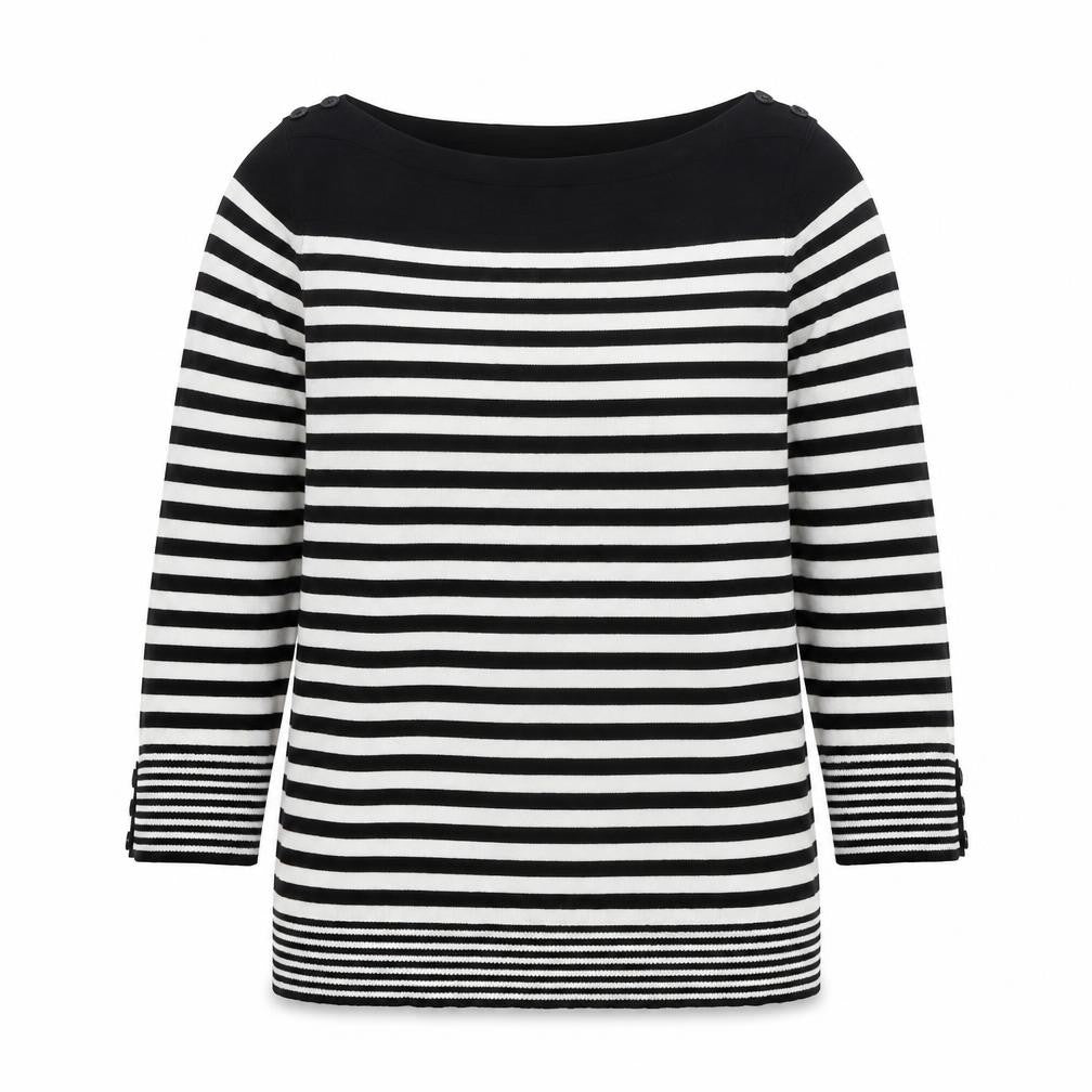 Front view of BHS women’s black striped viscose basic blouse, size UK 12, boat neck