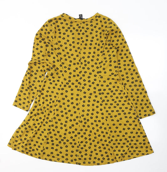 Primark Womens Yellow Floral Polyester Fit & Flare  Size 10  Round Neck Pullover