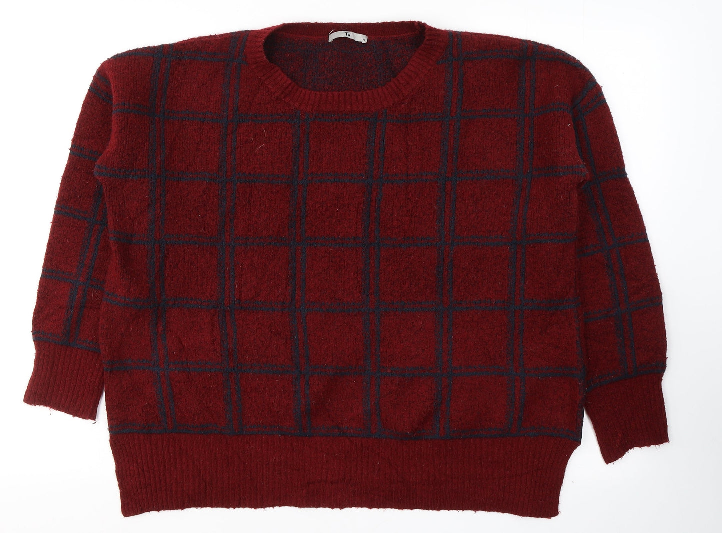 TU Womens Red Round Neck Plaid Acrylic Pullover Jumper Size 12