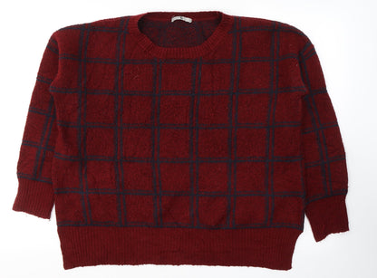TU Womens Red Round Neck Plaid Acrylic Pullover Jumper Size 12