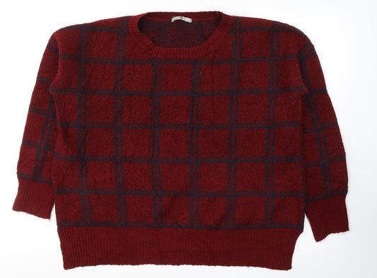 TU Womens Red Round Neck Plaid Acrylic Pullover Jumper Size 12