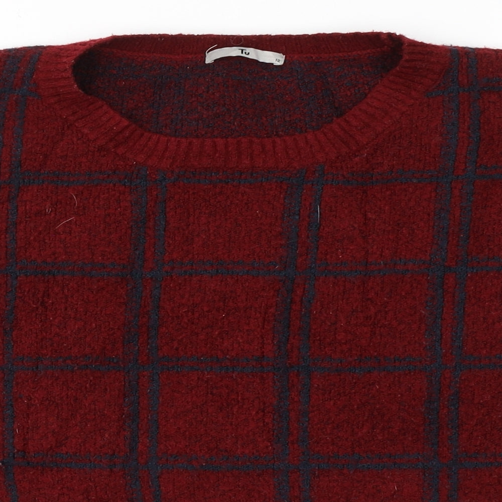 TU Womens Red Round Neck Plaid Acrylic Pullover Jumper Size 12