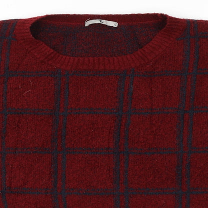TU Womens Red Round Neck Plaid Acrylic Pullover Jumper Size 12