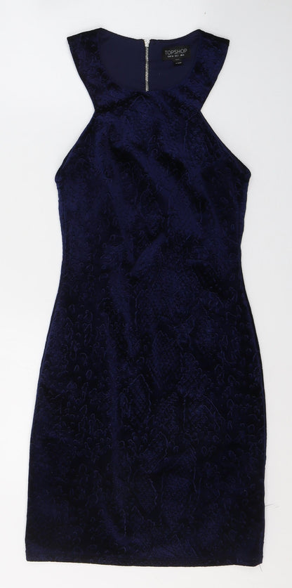 Topshop Womens Blue Geometric Polyester A-Line  Size 6  Round Neck Zip