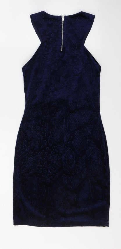 Topshop Womens Blue Geometric Polyester A-Line  Size 6  Round Neck Zip