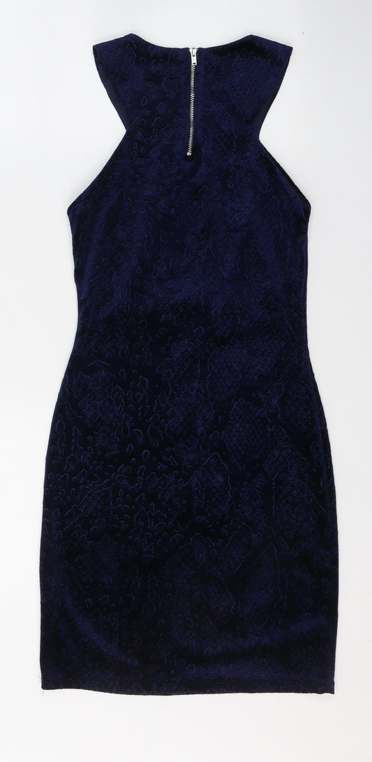 Topshop Womens Blue Geometric Polyester A-Line  Size 6  Round Neck Zip